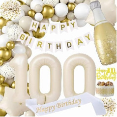 100th Birthday Decoration Man, Beige White Gold Decorations Set 100th Balloons Happy Birthday Banner Garland Confetti Balloon 100th Women Men Birthday Decoration 100th Birthday Party Decoration