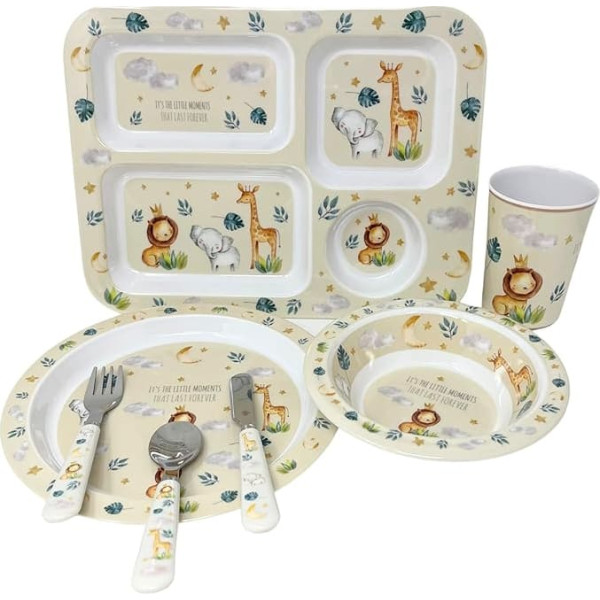 Little Moments 5 Piece Dinner Set for Kids Tableware Lunch Reusable Plate Cutlery Bowl Cup Tray Lightweight Premium Tableware Set HTUK