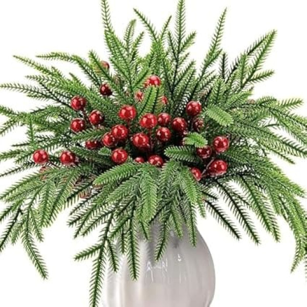 Norfolk Fir Branches with Red Berry Stems 14 Inch Artificial Green Norfolk Pine Stems Branches Artificial Foliage Pine Needles Picks for Crafts Garland Home Decor 45 Pieces