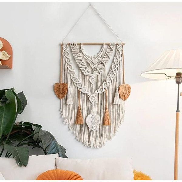 ANAZOZ Boho Macrame Wall Hanging, Wall Decoration Macrame Cotton Woven with Leaves Tassels Wall Tapestry Bohemian for Bedroom Living Room Children's Room 80 x 55 cm