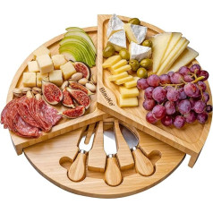 Bamboo Cheese Board with Cheese Knife Set - 37 cm Round Wooden Serving Plate for Cheese and Appetizers - Rotating Wooden Serving Board Cheese Plate Rotating - Cheese Board Charcuterie Board - Gifts