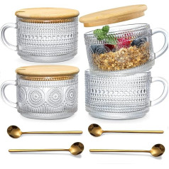 Wuudi Set of 4 Glass Coffee Mugs, Clear Glass Coffee Cups with Lid and Mixing Spoon, Crystal Glass, Vintage Cereal Cups, Embossed Sunflower, Coffee Glass, Breakfast Cups for Coffee, Milk, Yoghurt