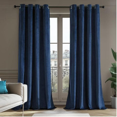 Deconovo 100% Total Blackout Velvet Curtain Living Room Opaque Curtain with Eyelets Bedroom Velvet Curtains Cold Protection Velvet Curtain, 260 x 140 cm (H x W), Dark Blue, Set of 2