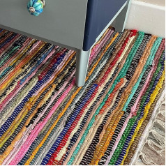 SHANTI Multicolour Runner Rug | Hand Woven | Environmentally Friendly: 100% Recycled Fabric | Ethically Sourced | Flat Weave (60 cm x 210 cm)