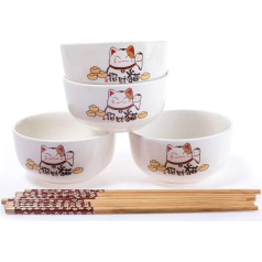 lachineuse - Set of 4 Japanese Cats Bowls - Rice Bowls, Breakfast & Soup - Chopsticks - Tableware Cat Maneki Neko Lucky Charm - Original Gift - Kawaii Japan - White