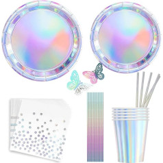 MaitianGuyou Iridescent Party Supplies Decoration 20 Pack Holographic Disposable Plates Cups and Napkins Set for Disco Mermaid Birthday Theme Wedding Party