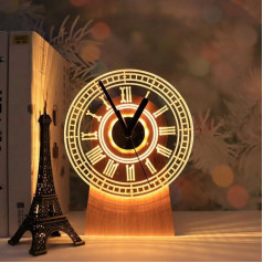 Solid Wood Desk Clock with Acrylic Disc Mood Light Rechargeable No Ticking Silent Warm Light Adjustable Brightness Battery Operated