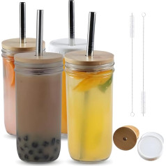 Leafboat Boba Cup with Lid and Straw (Pack of 4) 24oz Mason Jar Tumbler Reusable Iced Coffee Cup Smoothie Cup Bubble Tea Cup (Pack of 5)