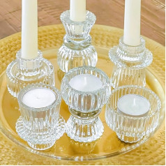 Kate Aspen Double Sided Vintage Fluted Glass Clear Pillar Candle Holder Reversible Tea Light Holder and Votive Candle Holder (6 Pack 3 Sizes) Dining Table Decoration Shelf Decor