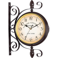 Tuzsocr Double Wall Clock Antique Style Station Clock Iron Design Arabic Numerals Garden Clock Vintage Style Station Hallway Garden Clock