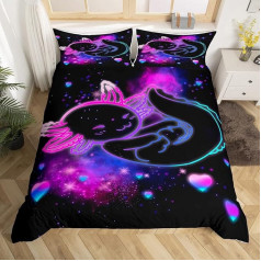 Children's Cute Axolotl Bed Linen Set 135 x 200 cm Girls Sparkle Cartoon Salamander Duvet Cover Set Boys Purple Blue Galaxy Axolotl Bed Set Room Decoration Toddler Kawaii Reptile Animal 2 Pieces