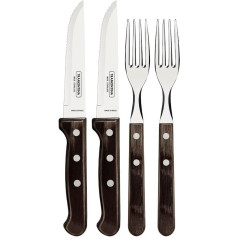 Tramontina Gaucho Steak Cutlery Set 4-Piece with 2 Steak Knives and 2 Steak Forks, Stainless Steel, Real Wood Handle, FSC