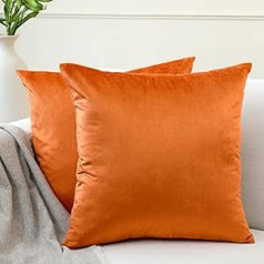 Encasa Homes Velvet Cushion Covers, Set of 2, 50 x 50 cm, Orange, Plain, Soft and Smooth, Washable, Square, Large Scatter Cushion Covers for Couch, Sofa, Chair, Bed and Living Area