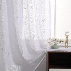 Kotile Sparkle Net Curtains, Metallic Silver Foil Glitter Sheer Curtains 90 Inch Length, Privacy Rod Pocket White Voile Curtains for Living Room, 2 Panels