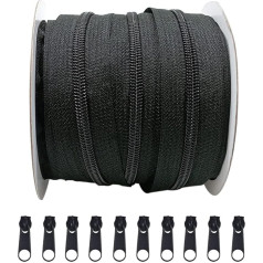 25m Nylon Zip #3 Mesh with 10 Free Metal Sliders Handles for Clothes Fabric Sewing Crafts Tent Black