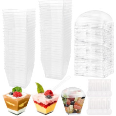 Pack of 100 Plastic Dessert Glasses, 115 ml, Plastic Dessert Cups with Spoons and Lids, Clear Dessert Bowls, Plastic, Reusable Dessert Glasses Set for Ice Cream, Dessert, Party, Birthday