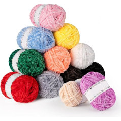 12x50g Chenille Garn, Weiches Samtgarn zum Häkeln, Garn zum Stricken mit Häkelzubehör, Premium Chunky Wolle für Kleidung, Decken, Taschen