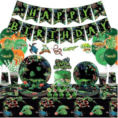 Reptile Birthday Party Supplies Including Happy Birthday Banners Plates Napkins Balloons Cups Cake Decoration Table Cloth Baby Shower Decorations Kids Boys Girls
