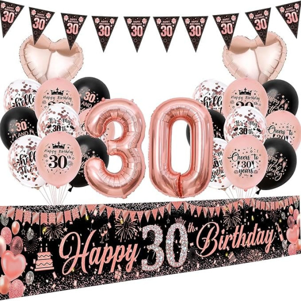 30 Geburtstag Dekorationen für Frauen - 33 Stück Rose Gold Happy 30 Birthday Banner Party Ballons Wimpelkette, Konfetti Latexfolienballon für 30 Jahre Alt Dekoration Supplies