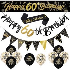 Pack of 14 60th Happy Birthday Decorations Kit, Birthday Party Decoration Including Party Supplies Birthday Straps 2.7 m Banner Triangle Flags Confetti Latex Balloons