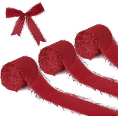 KINBOM 3 Rolls Chiffon Ribbon, 3.8 cm x 5 m Handmade Fringe Chiffon Silk Ribbon for Photo Modeling, Background Decoration (Wine Red), Embellishment Christmas Atmosphere