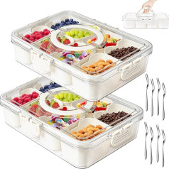 Kevsuvqin Snack Box with Compartments, Pack of 2, Transparent Snack Plates with Lid and Handle, Portable Snack Bowl with Lid, Fruit/Sweets/Snack Box with Compartments for Parties, Picnic (8 Stainless