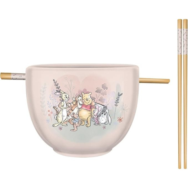 Silver Buffalo Disney Winnie the Pooh with Piglet, Eeyore, Tigger, Rabbit and Roo Group Hug Ceramic Ramen Noodle Rice Bowl with Chopsticks, Microwave Safe, 20 oz