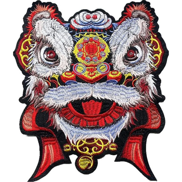 Lace Appliques for Wedding Dress Embellishment, DIY Sewing Lace Ribbon, Red Chinese Lion Head for Sew on Embroidered Badges, Lucky Animal for Clothing, DIY Appliques, Raffia