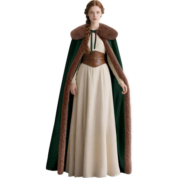 keland Renaissance Velvet Cape with Viking Fur Collar for Women Halloween Costume (Green)