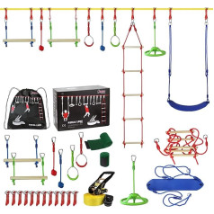 ALPIDEX Ninja Line, Children's Slackline, Obstacles Set, Gymnastics, Rings, Rope Knot Swing, Climbing Ladder, Accessories, Expandable Warrior Parcours