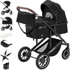 Daliya® FLEXI-PRO M 2-in-1 Combination Pram & Buggy - XXL Set, Travel Pram with One-Handed Removal, Weather Protection, Sports Seat, Changing Bag, Play Table, Rain Cover, Thick Mattress (Plain Black)