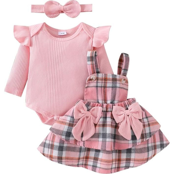 FOCUTEBB Baby Girls' Clothing Autumn Winter Outfit Long Sleeve Ruffle Romper Plaid Skirt Bow Headband 3-Piece Set 0-18 Months