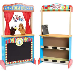 Deluxe Wooden Puppet Theatre with Curtains, Blackboard and Clock, Double-Sided Play Shop 3-8Y & Kid Puppet Show Theatre with 2 Hand Puppets and 4 Finger Puppets for Toddlers 1-3