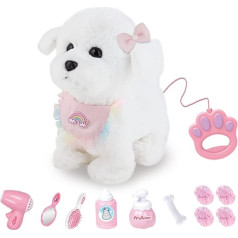 RuiDaXiang Electronic Running Plush Dog with Remote Controlled Lead, Realistic Interactive Dog, Runs, Barks and Wags Its Tail, Includes Puppy Accessories (White Milani)