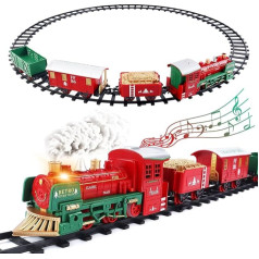 deAO Christmas Theme Classic Train Set for Children with Light, Realistic Sounds, Smoke Effect, 3 Car and Tracks for Christmas! Multicoloured