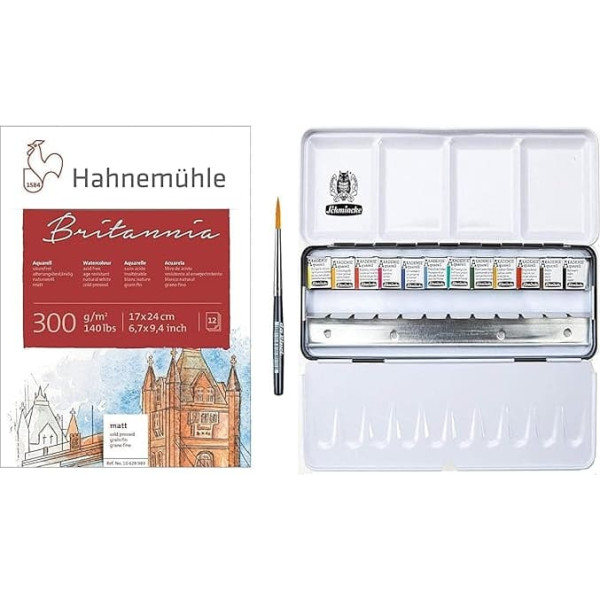 Schmincke Akademie Watercolour Painting Box, Metal Box, 12 Pieces with Brush with Watercolour Cardboard Matt, 300 g/m², 17 x 24 cm, 12 Pieces