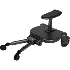 Pushchair Footrest, Pushchair Skateboard 360° Swivel Double Wheel Design Pushchair Auxiliary Pedal with Seat Suitable for All Pushchairs Black