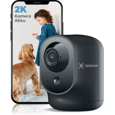 COCOCAM 2K Indoor WiFi Surveillance Camera with 5200 mAh Battery, Wireless 355°P 90°T, Baby Monitor, Pet Camera, Elderly Care, AI Detection, PIR Person Detection, 2.4G WiFi (1, Black)