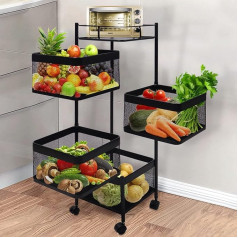 Huhote 4 Tier Square Rolling Trolley, Fruit with Wheels, Kitchen Shelf, Vegetable Rack with Wheels, Square Kitchen Trolley, Fruit Trolley, Storage Trolley for Kitchen, Bathroom, Living Room,