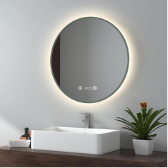 EMKE Round Bathroom Mirror with Lighting F60 cm, Dark Green, Dimmable, Anti-Fog, Clock, Temperature Display, LED Bathroom Mirror with Neutral Light, Round Bathroom Mirror with Lighting