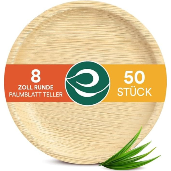 Eco Soul 100% Compostable 20 cm Round Palm Leaf Plates, Premium Palm Leaf Tableware, Sturdy, Organic, Disposable Bamboo-Like Plates, Pack of 50