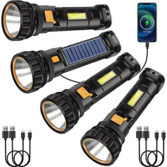 Solar LED Torch, USB Rechargeable Solar Torch, LED Torch with 3 Modes, LED Strobe Waterproof Torch, Torch Lamp Ideal for Fishing, Emergency, Outdoor (4 Packs)