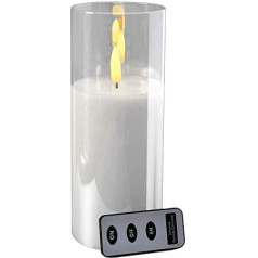 Klocke Dekorationsbedarf High Quality LED Candle in Glass – with Remote Control and Timer – 10 cm – Realistic & Flickering Flame – Christmas Decoration (White, Height: 25 cm)