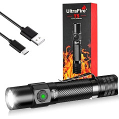 UltraFire T5 Tactical Torch with Battery, 1800 Lumens Rechargeable LED Torch, Police Torch with Double Switch, USB-C Small Torch for Outdoor and Indoor Activities