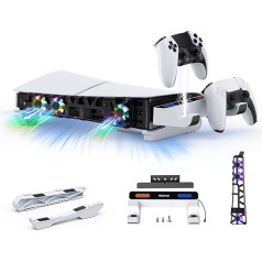 NexiGo PS5 Slim Horizontal Stand with Charging Station for PS5 and Edge Controllers, Silent Enhanced RGB Cooling Fan with Temperature Control, LED Indicator, Compatible with PS5 Slim, White