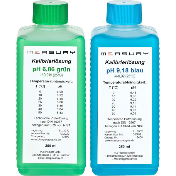 Measury pH Calibration Solution 6.86 and 9.18 – Made in Germany, pH Buffer Solution 250 ml each, Calibration Solution Green/Blue, Calibration Fluid Set