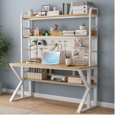 Comput Desk with Shelves and Pegboard, Solid Wood Large Workstation Desk, Modn, Home Office Desk (43