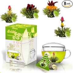 Creano Tea Flowers Gift Set ErblühTeelini - Green Tea - with Tea Glass and 8 Tea Flowers in Cup Format - Gift for Christmas