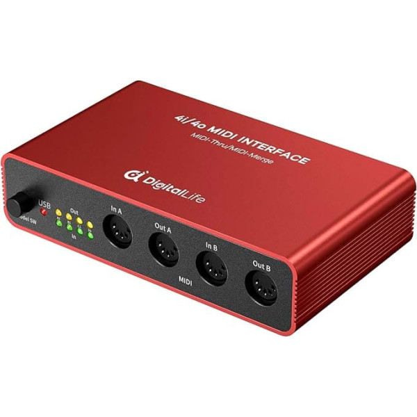 DigitalLife Quad-I/O 5-PIN DIN MIDI Interface - MIDI Thru Box (4-In/4-Out) & MIDI Merge Box (2-in/4-Out), 8 x LED Indicators, Metal