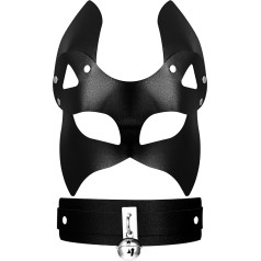 OIDEA Damen Leder Fuchsmaske Set: Schwarz Dino Stil Augenmaske & Halsband mit Glöckchen Maskerade Kostüm Maske für Karneval Maskenball Rollenspiele Kostüm Cosplay